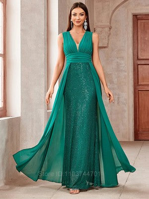 2024 Fashion Women Sleeveless V Neck Backless Green Sequined Elegant E