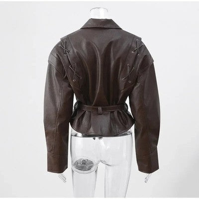 2025 New Vintage Lapel Lace-Up Leather Jackets Women Chic Solid Long S