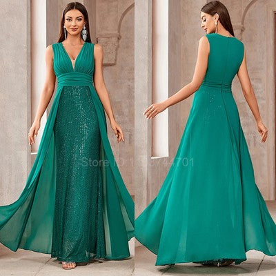 2024 Fashion Women Sleeveless V Neck Backless Green Sequined Elegant E