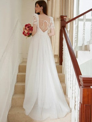 Elegant Evening Dress Mermaid Wedding Dress Lace Backless V Neck Sleev