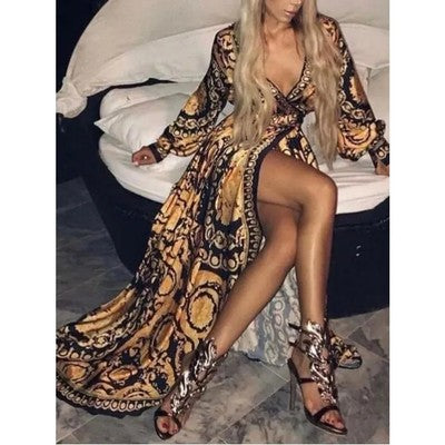 Women´s Autumn Boho Floral Long Sleeve Long Maxi Dress Party Beach Su