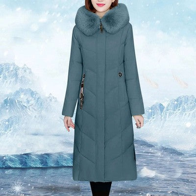 Women's Long Hooded Down Jacket — 80% White Duck Down, Thick Winter Puffer Coat, Zipper Closure