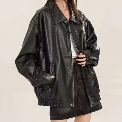 Pu Leather Women Vintage Jacket Long Sleeve Oversized Faux Leather But