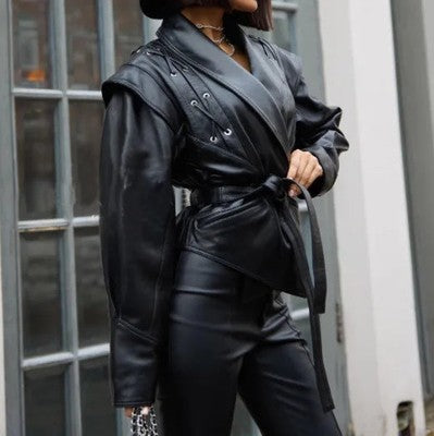2025 New Vintage Lapel Lace-Up Leather Jackets Women Chic Solid Long S