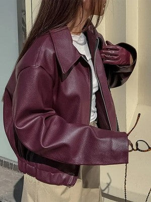 Women s Faux Leather Moto Jacket with Removable Hood Vintage Long Slee