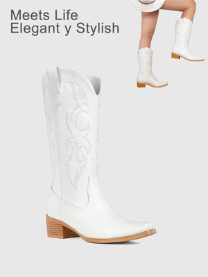 White Cowboy Boots for Women - Embroidered Cowgirl Boots Western Mid C