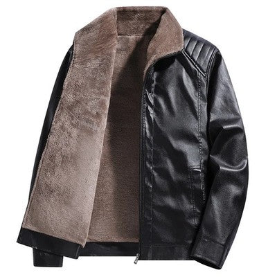 Men'S Thickened Fleece Lined Faux Leather Jacket  Casual Winter Coat