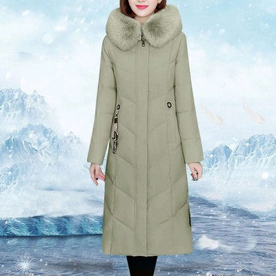Women's Long Hooded Down Jacket — 80% White Duck Down, Thick Winter Puffer Coat, Zipper Closure