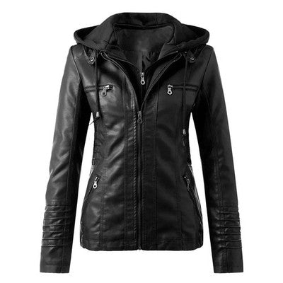 Leather Jacket Women Hooded Faux Pu Leather Motorcycle Jacket Zipper L