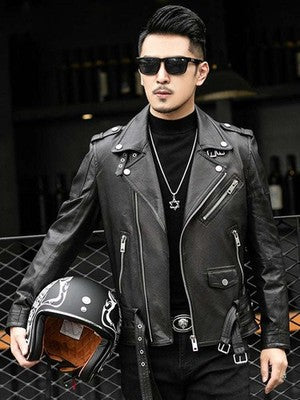 Spring Autumn Short Cool Black Leather Biker Jacket Men Zipper Long Sl