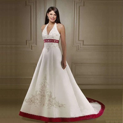 2021 White Ivory and Royal Blue A Line Wedding Dress Halter Neck Embro