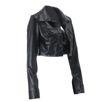 Women Crop Leather Jacket Solid Color Casual Long Sleeve Button Down J