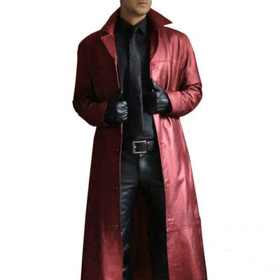 Streetwear Men Faux Leather Trench Fashion Long Windbreaker Coat Slim