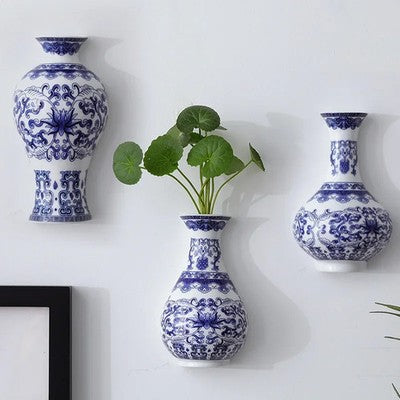 Ceramic vase, antique blue and white porcelain flower container, lucky
