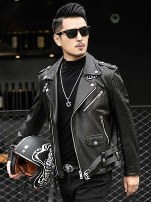 Spring Autumn Short Cool Black Leather Biker Jacket Men Zipper Long Sl
