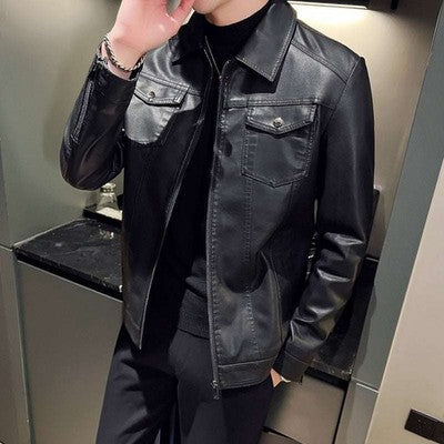 Men's Slim Fit Motorcycle PU Leather Jacket – Multi-Pocket, Stand Collar, Zipper, Spring & Autumn