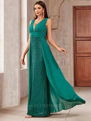 2024 Fashion Women Sleeveless V Neck Backless Green Sequined Elegant E