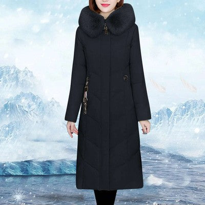 Women's Long Hooded Down Jacket — 80% White Duck Down, Thick Winter Puffer Coat, Zipper Closure