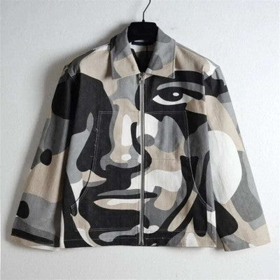 American style new retro printed slim fit long sleeved polo collar zip