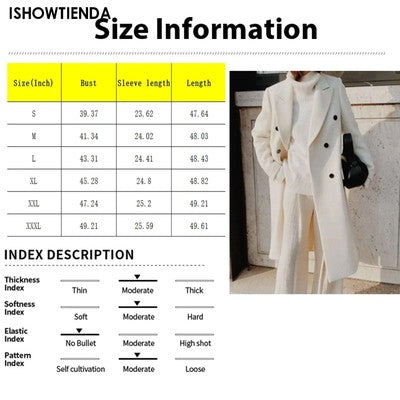 Elegant White Woolen Blend Trench Long Coat Women Chic Double Breasted