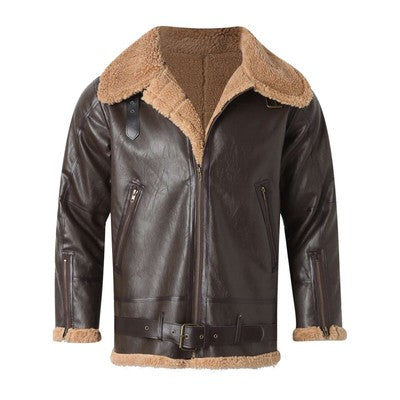 Men'S Fleece Lined Pu Leather Jacket Autumn Winter Artificial Fur Long