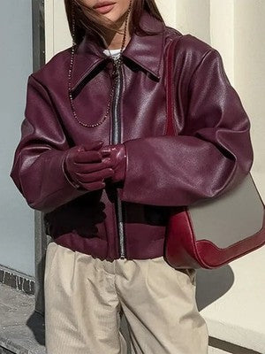 Women s Faux Leather Moto Jacket with Removable Hood Vintage Long Slee