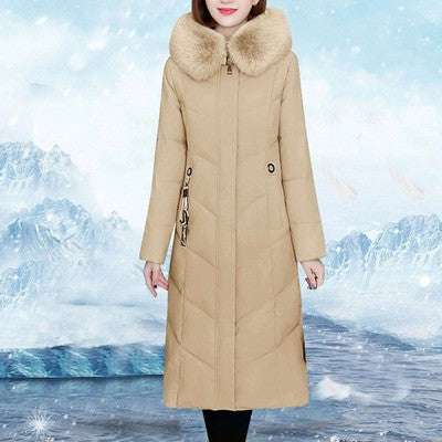 Women's Long Hooded Down Jacket — 80% White Duck Down, Thick Winter Puffer Coat, Zipper Closure