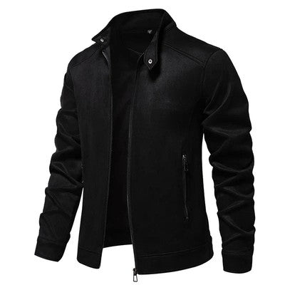 Men s Classic Suede Bomber Jacket with Stand Collar and Zipper Closure