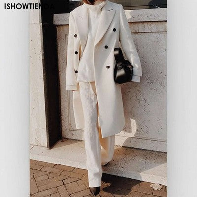 Elegant White Woolen Blend Trench Long Coat Women Chic Double Breasted