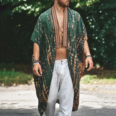 2025 Men'S Summer Fashion Shawl Print Long Windbreaker Cardigan Casual