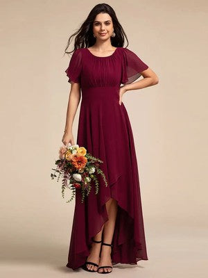 Elegant Evening Dresses Round Neck Ruffles Sleeve Asymmetrical Hem 202