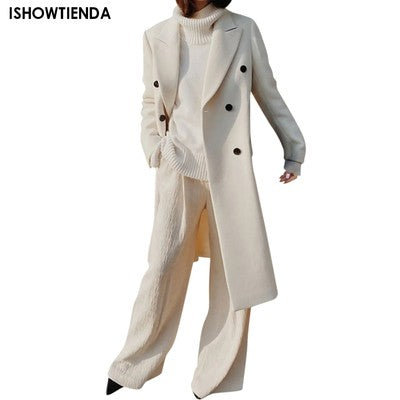 Elegant White Woolen Blend Trench Long Coat Women Chic Double Breasted