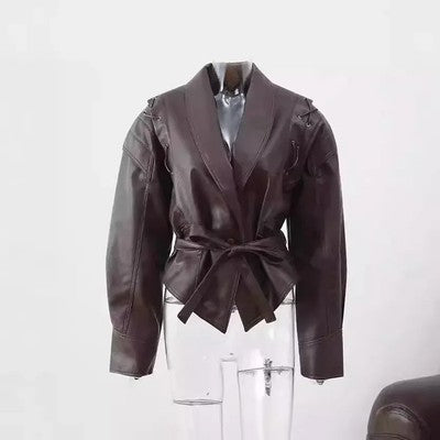 2025 New Vintage Lapel Lace-Up Leather Jackets Women Chic Solid Long S