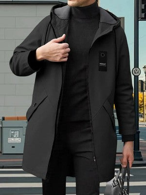 Men s Classic Double-Breasted Trench Coat with Belt Long Sleeve Hooded
