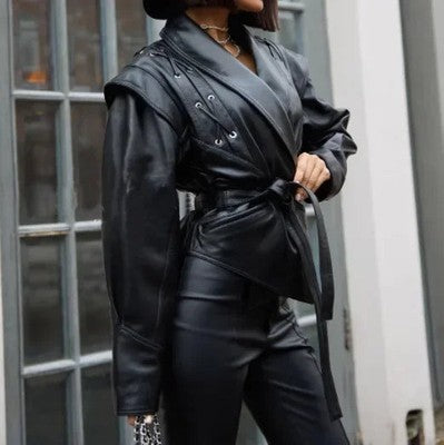 2025 New Vintage Lapel Lace-Up Leather Jackets Women Chic Solid Long S