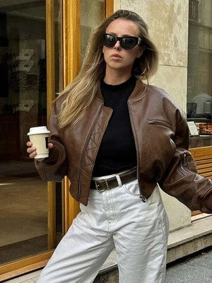 Short Leather Women'S Jacket Casual Vintage O-Neck Women Coat Loo