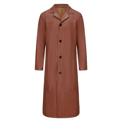 Streetwear Men Faux Leather Trench Fashion Long Windbreaker Coat Slim