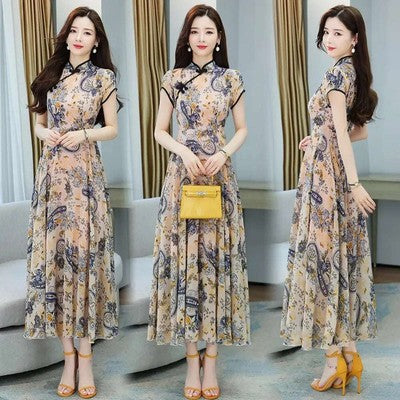 Women Summer Cheongsam Dresses Vintage Floral Pattern Mother Dress Chi