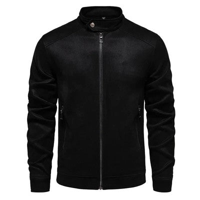 Men s Classic Suede Bomber Jacket with Stand Collar and Zipper Closure
