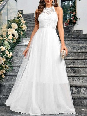 Elegant Chiffon Wedding Dresses Beach Applique Lace Bride Gown Halter