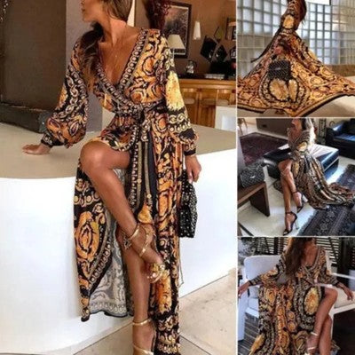 Women´s Autumn Boho Floral Long Sleeve Long Maxi Dress Party Beach Su