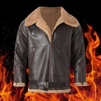 Men'S Fleece Lined Pu Leather Jacket Autumn Winter Artificial Fur Long