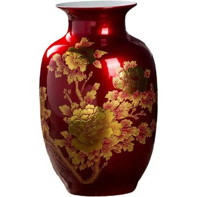 Red Vase Oriental Ceramic Flower Vases Decorated With Peony Design For