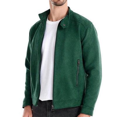 Men s Classic Suede Bomber Jacket with Stand Collar and Zipper Closure
