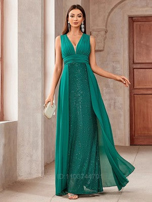 2024 Fashion Women Sleeveless V Neck Backless Green Sequined Elegant E