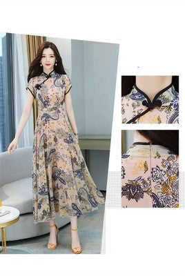 Women Summer Cheongsam Dresses Vintage Floral Pattern Mother Dress Chi