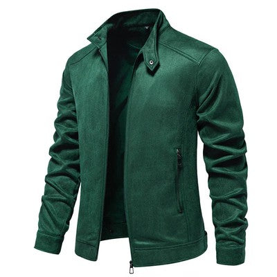 Men s Classic Suede Bomber Jacket with Stand Collar and Zipper Closure