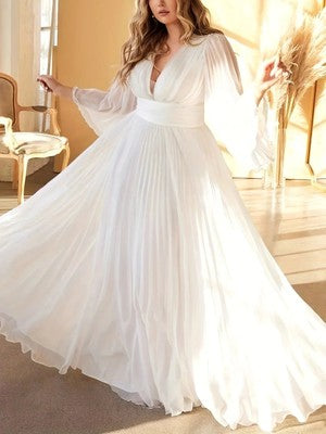 Evening Dress Pleated Elegant Dress Female Solid V Neck Clothing Luxur