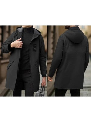 Men s Classic Double-Breasted Trench Coat with Belt Long Sleeve Hooded