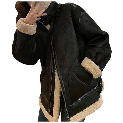 Women's Retro Streetwear Faux Suede  Jacket Autumn Winter Fleece Lined